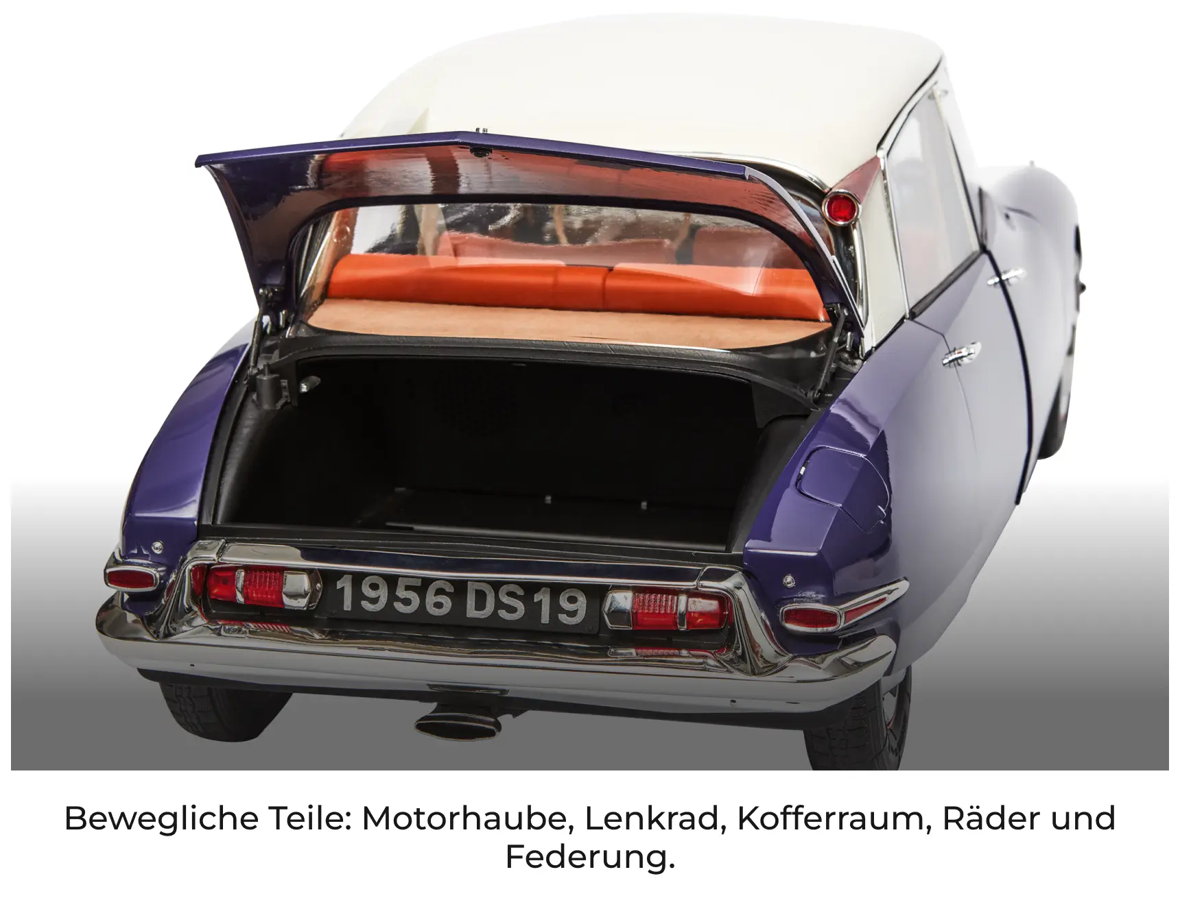 Bewegliche Teile: Motorhaube, Lenkrad, Kofferraum, Räder und Federung.